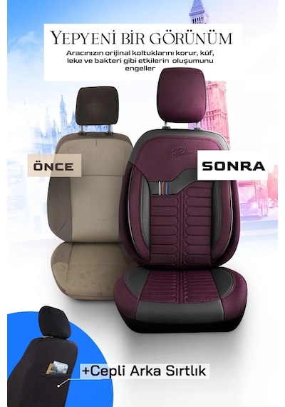 Bordo - Siyah Panda Londra Serisi İngiliz Jakar Kumaş Oto Koltuk Kılıfı - Tam Set