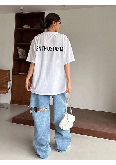 Unisex Beyaz Oversize Enthusiasm Baskılı Örme T-shirt Beyaz