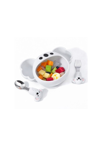 Koala Figürlü Açık Gri Premium Çocuk Bpa Free Silikon Saplı Paslanmaz Çelik Uçlu Çatal-kaşık, 9+ Ay