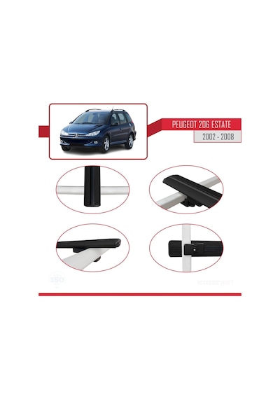 Peugeot 206 Estate 2002-2008 Arası İle Uyumlu Basic Model Ara Atkı Tavan Barı Siyah 3 Adet