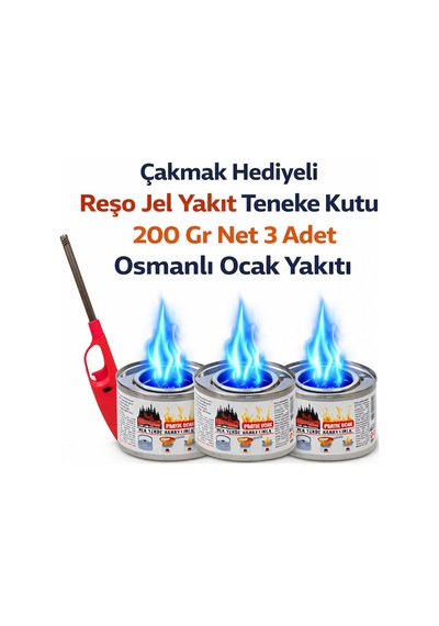 Çakmak Hediyeli Reşo Jel Yakıt Teneke Kutu 200 Gr Net 3 Adet Osmalı Ocak Yakıtı Kanp Piknik Yakıtı