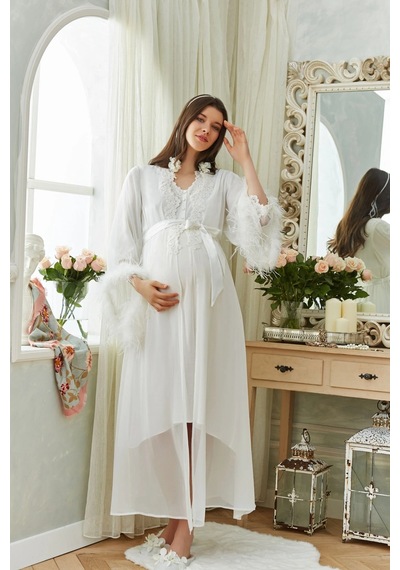 Modadua Aqua 26355 Otrişli Şifon Pullu Brodeli Sabahlık Krem