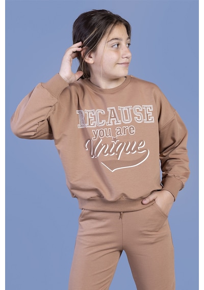 Toontoy Kız Çocuk Baskılı Düşük Kol Sweatshirt Kahverengi