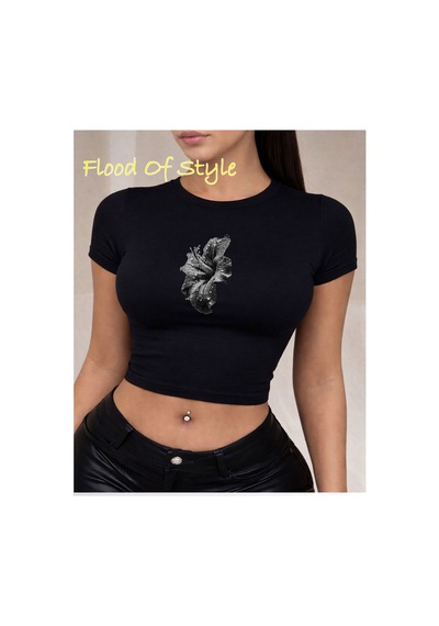 Flood Of Style Siyah Babby Tee Çiçek Özel Tasarım