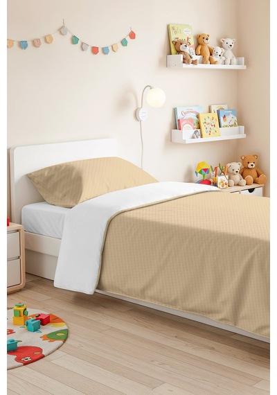 Bej Minimal Genç Odası Tek Kişilik Pike Takımı - Krem Geometrik 160x220 Cm Kapitone Yatak Örtüsü Puslu Papatya Harmonu