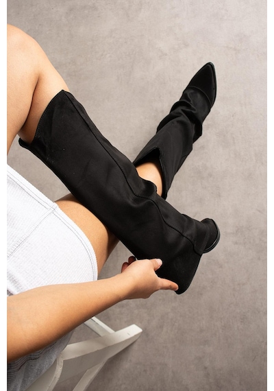 Shoetek Leire Kadın Çizme Kovboy Körüklü Siyah Süet Siyah Suet