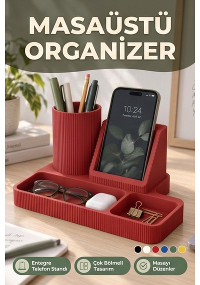 Masaüstü Organizer Telefon Standı Kalemlik Çok Amaçlı Masa Düzenleyici Kırmızı