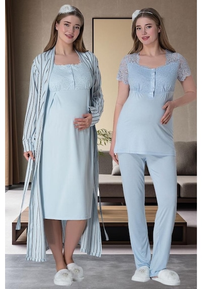 Mecit Pijama Mecit 6063 Kadın Hamile Lohusa Mavi Sabahlık Gecelik Pijama Set 001