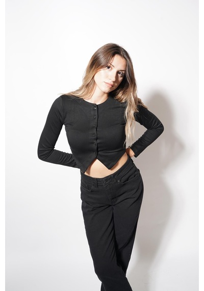 Ckm Moda Echo Düğmeli Modal Bluz Siyah