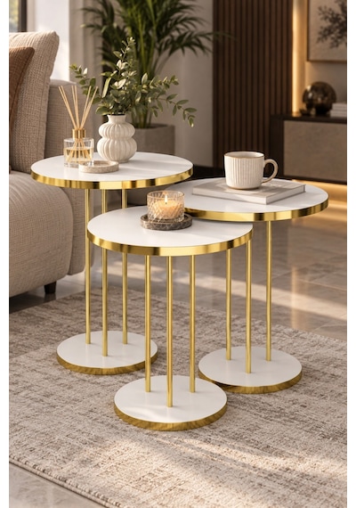 Sulorahome Beyaz Yuvarlak Zigon Sehpa Takımı - 3'lü Gold Ayaklı Beyaz - Altın