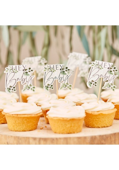 Ginger Ray - Hey Baby Botanical Cupcake Toppers - Hey Baby Botanik Cupcake Süsleri