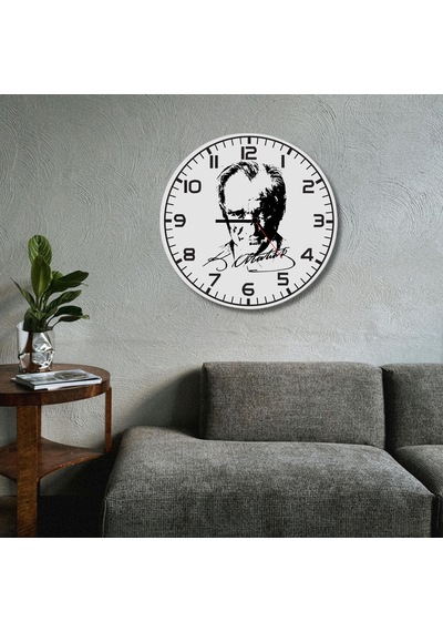 Atatürk Portreli Ve İmzalı Metal Duvar Saati - Ofis Ve Salon Saati beyaz