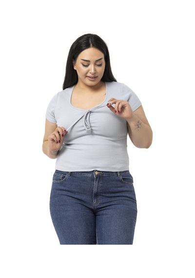 Disentis Büyük Beden Yarım Kollu Göğüste Bağcık Detaylı Kaşkorse Gri Body-gri Gri