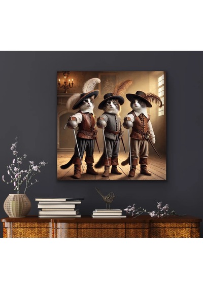 Üç Silahşör Kedi Kanvas Tablo 90x90cm Çok Renkli
