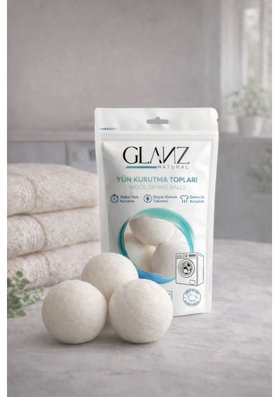 Glanz 3 Adet Yün Keçe Çamaşır Kurutma Topu 7 - 8 Cm - Doğal Ürün Açık Bej