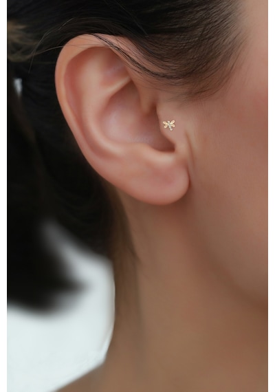 14 Ayar Altın Taşlı Kelebek Tragus Piercing Sarı