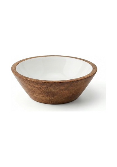 Mango Ağacı Kase - İçi Krem Emaye Enamel Kaplama 13 Cm Dekoratif Ahşap Sunum Kasesi - Leke Tu