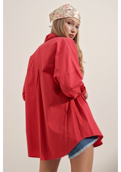Bigdart 3900 Oversize Uzun Basic Gömlek - Kırmızı 001