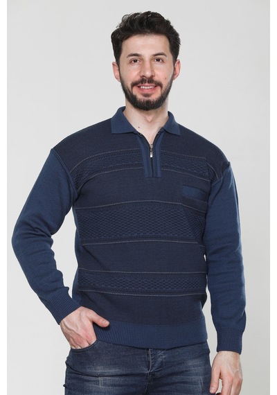 Kzc Tekstil Erkek Baba Orta Yaş Ve Üzeri Triko Örgü Akrilik Kışlık Regular Fit Cepli Fermuarlı Polo Yaka Kazak Mavi