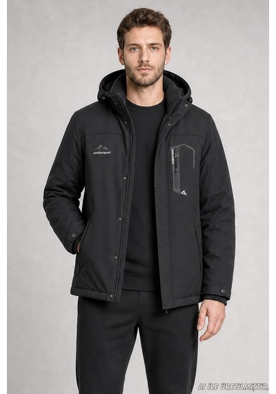 Freemen Erkek Kapüşonlu İçi Kürklü Su Ve Rüzgar Geçirmez Outdoor Softshell Mont-414 Siyah