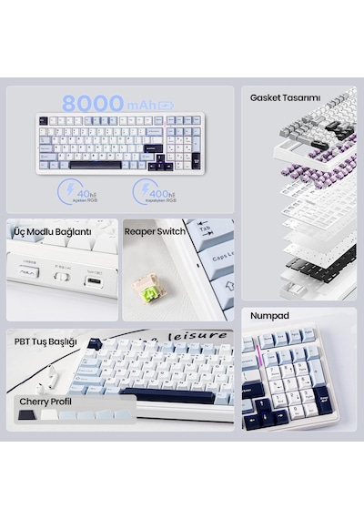 Aula F99 3 Modlu Rgb Hot Swap Mekanik Reaper Switch Kablosuz Makrolu Klavye Lacivert