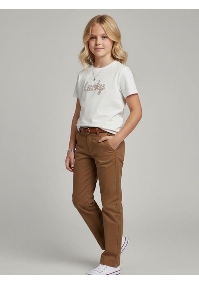 Zekids Kız Çocuk Lucky Baskılı Pamuklu T-shirt-16886 Ekru Kahve