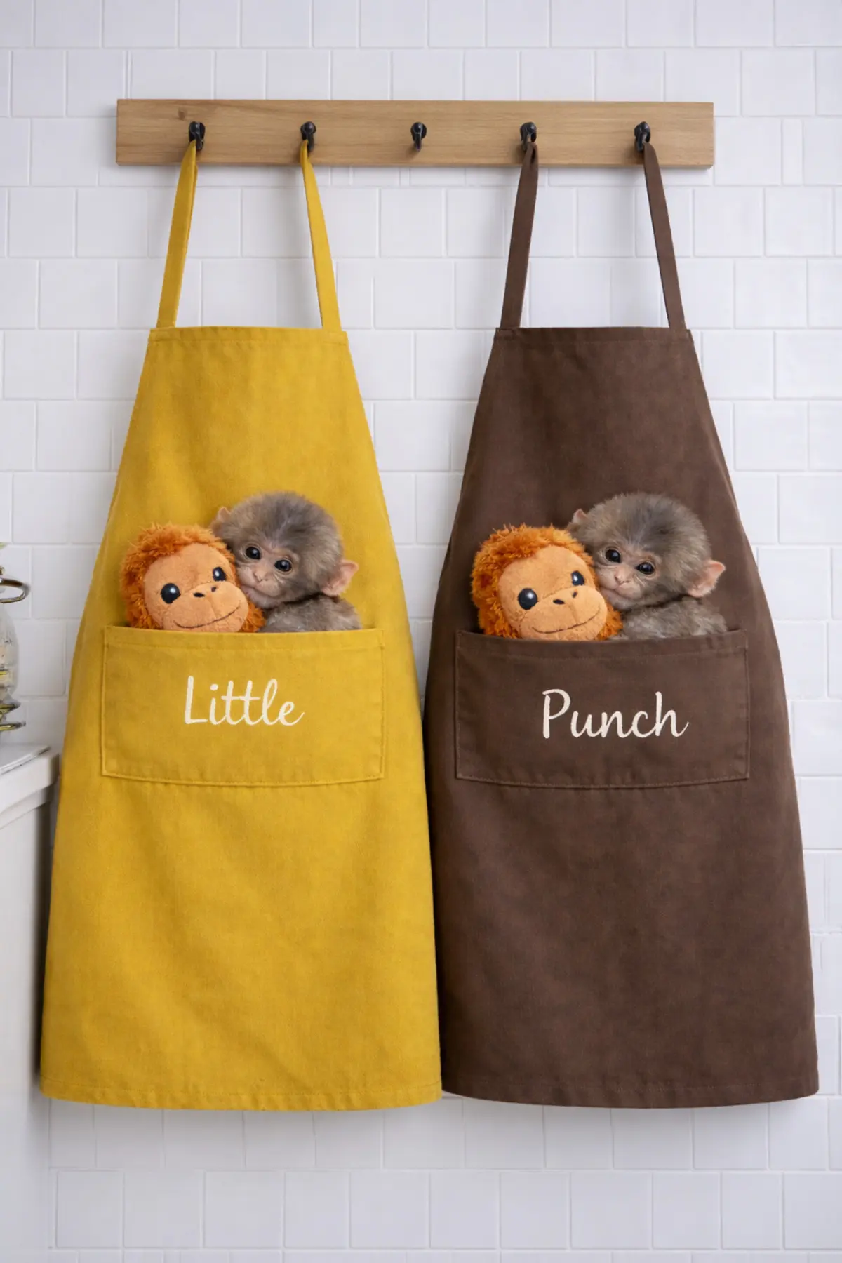 Ays Home Punch Maymun Ve Orangutan Baskılı Mutfak Önlüğü Seti Kahverengi