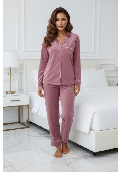 Kadın Kadife Boydan Düğmeli Şerit Detaylı 2'li Pijama Takım Pudra