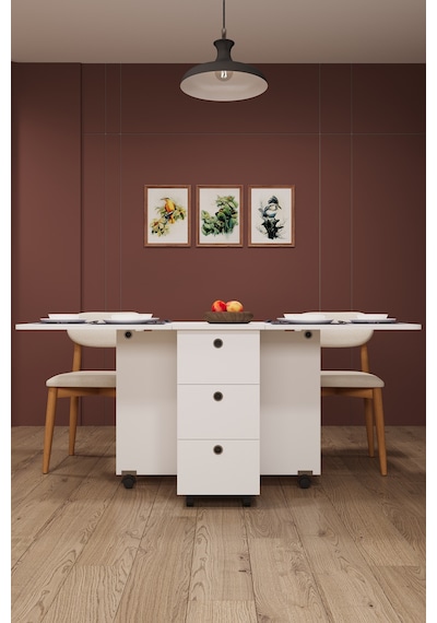 Lüks Katlanır Mutfak Yemek Masası %100 Mdf Pratik Çekmeceli Çalışma Masası Km100 Beyaz