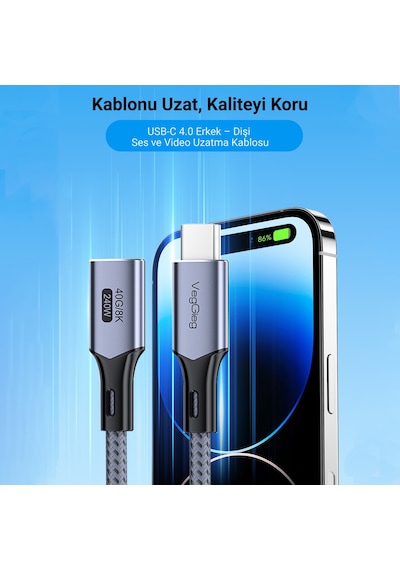 Veggieg Usb 4.0 E-mark 240w 40gbps Thunderbolt 4 8k 60hz Type-c Uzatma Kablosu 1 Metre