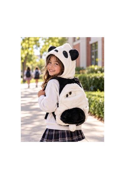 Unisex Çocuk Su Geçirmez Panda Tasarımlı Çıkarılabilir Kapüşonlu Sırt Çantası Siyah Beyaz