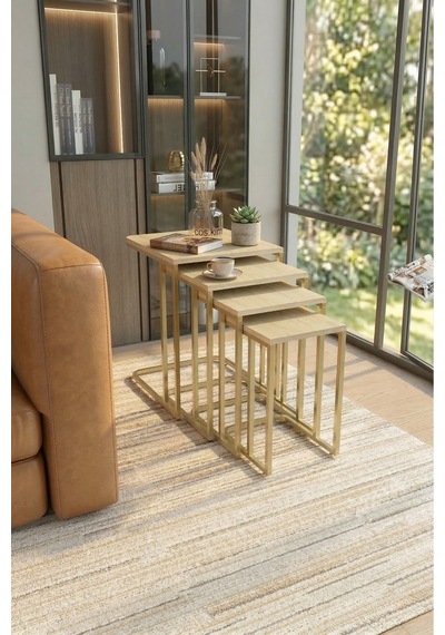 Koltuk Altı Sehpası Tekersiz Zigon 4 Lü Zigon Sehpa Takımı Mat Gold Metal - Traverten Tabla Gold Tekersiz