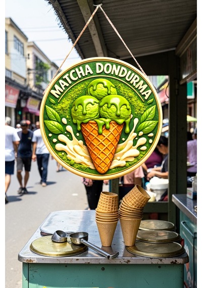 Matcha Dondurma Görselli Ahşap İpli Kapı Duvar Süsü Vegan Cafe Dekoratif Süsü