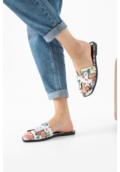 Dabab Shoes Florısa Kadın Çiçek Desenli H Bantlı Beyaz Düz Taban Yazlık Terlik