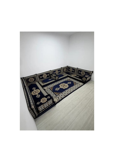 Güneş Modeli Lacivert Otantik Şark Köşesi Takımı U Set - Geleneksel Yer Minderi Seti 10 Cm Minder Kalınlığı 15 Parça