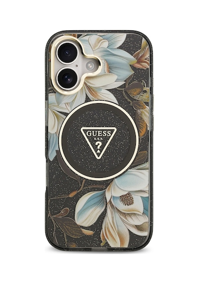 Apple Uyumlu iPhone 17 Kılıf Guess Lisanslı M-safeli Simli Çiçek Desen Metal Kamera Çerçeveli Üçgen Logolu Siyah Siyah
