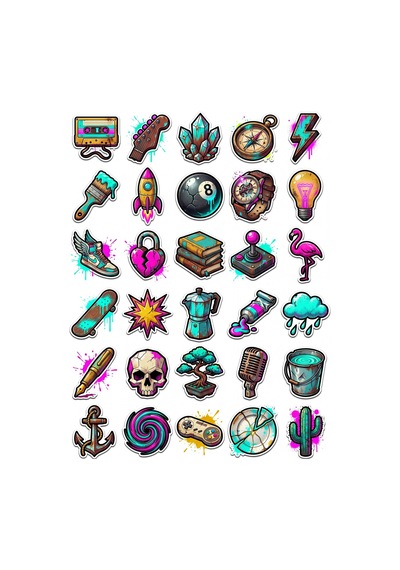 30 Adet Retro Neon Boya Efektli İkon Sticker Seti - Laptop Defter Telefon İçin Çok Renkli