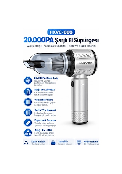 Harvox Hxvc-008 20.000 Pa Güçlü Kablosuz Şarjlı Araç Ev El Süpürgesi