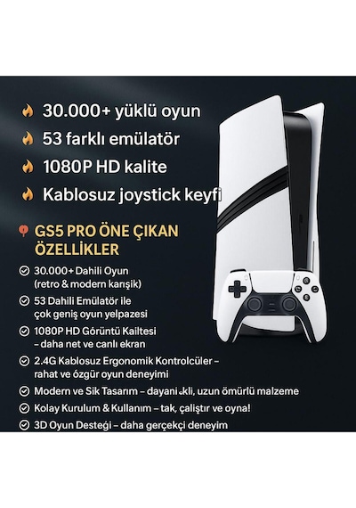 Gs5 Pro Retro Oyun Konsolu 30.000+ Dahili Oyun, 53 Emülatör, 1080p Hd, Kablosuz Çift Joystick