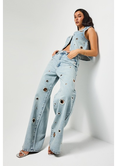 Itsbasic Kadın Ice 4s6-65 Baggy Fit Kuş Gözü Detaylı Özel Tasarım Denim Jean Buz Mavi