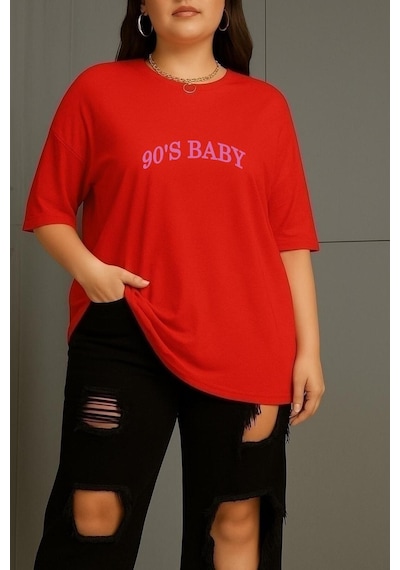 Büyük Beden 90's Baby Baskılı Unisex Tişört Kırmızı