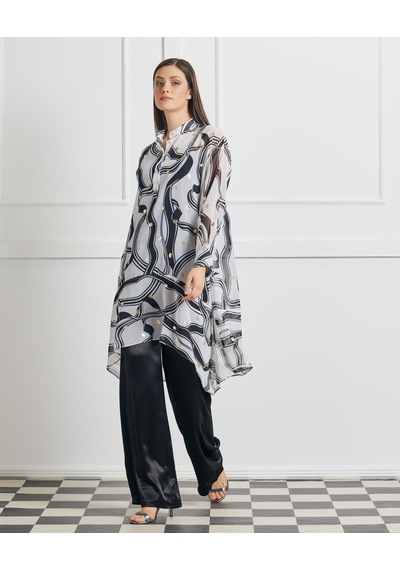 Serpil Exclusive Asimetrik Kesim Desenli Uzun Tunik Rahat Ve Şık Tasarım Siyah
