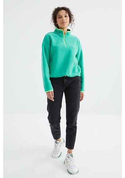 Tommy Life Deniz Yeşili Yarım Fermuar Etek Ucu Büzgülü Dik Yaka Oversize Kadın Polar Sweatshirt - 97234 Yeşil