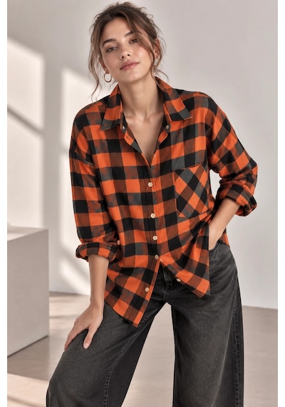 Bb Butik Basic Kadın Ekose Gömlek Oversize Oduncu Gömlek Uzun Kollu Cepli Günlük Tr0935 turuncu