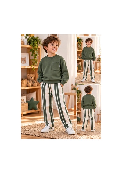 Uğur Bebe Erkek Çocuk Haki Sweatshirt Çizgili Pantolon 2'li Takım Günlük Spor Şık Kombin Haki Haki Uğur Bebe Erkek Çocuk Haki Sweatshirt Çizgili Pantolon 2'li Takım Günlük Spor Şık Kombin Haki Haki