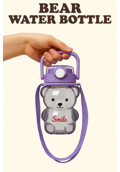 Smile Şeffaf Ayıcık Model Öğrenci Su Matarası Öğrenci Su Şişesi Suluk 1000ml Bpa Içermez Asorti Mor