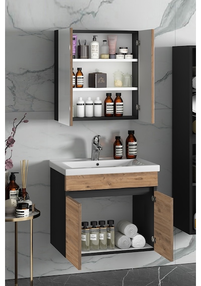 Çiğdem 55 Cm Antrasit Gri Mat-Atlantik Çam Mdf Seramik Lavabolu A Antrasit - Atlantik Çam