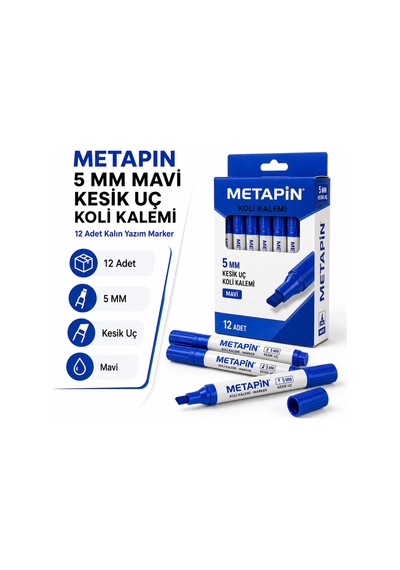 Metapin 5 Mm Mavi Kesik Uç Koli Kalemi 12 Adet Kalın Uçlu Marker Koli Markörü Ambalaj İşaretleme