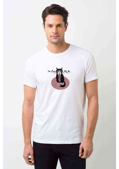 Kuşlar Ile Kravat Huysuz Kedi Grumpy Baskılı Beyaz Erkek Tshirt