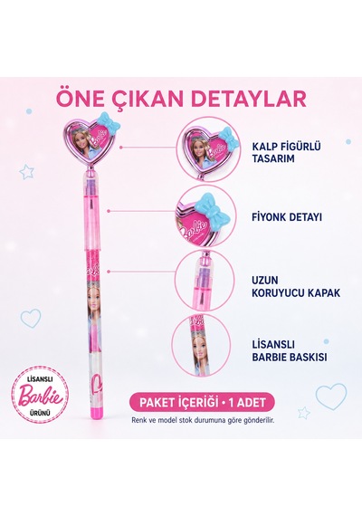 Bakgelal Barbie Lisanslı Silgili Geçmeli Kalem Kalp Başlıklı Figürlü Çocuk Okul Kalemi - 9053880899579 124-Pembe